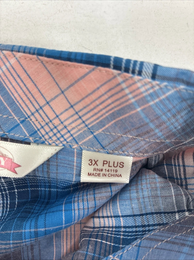 New Women’s Cumberland Pink Blue Plaid Long Sleeve Pearl Snap 3XL GG-47