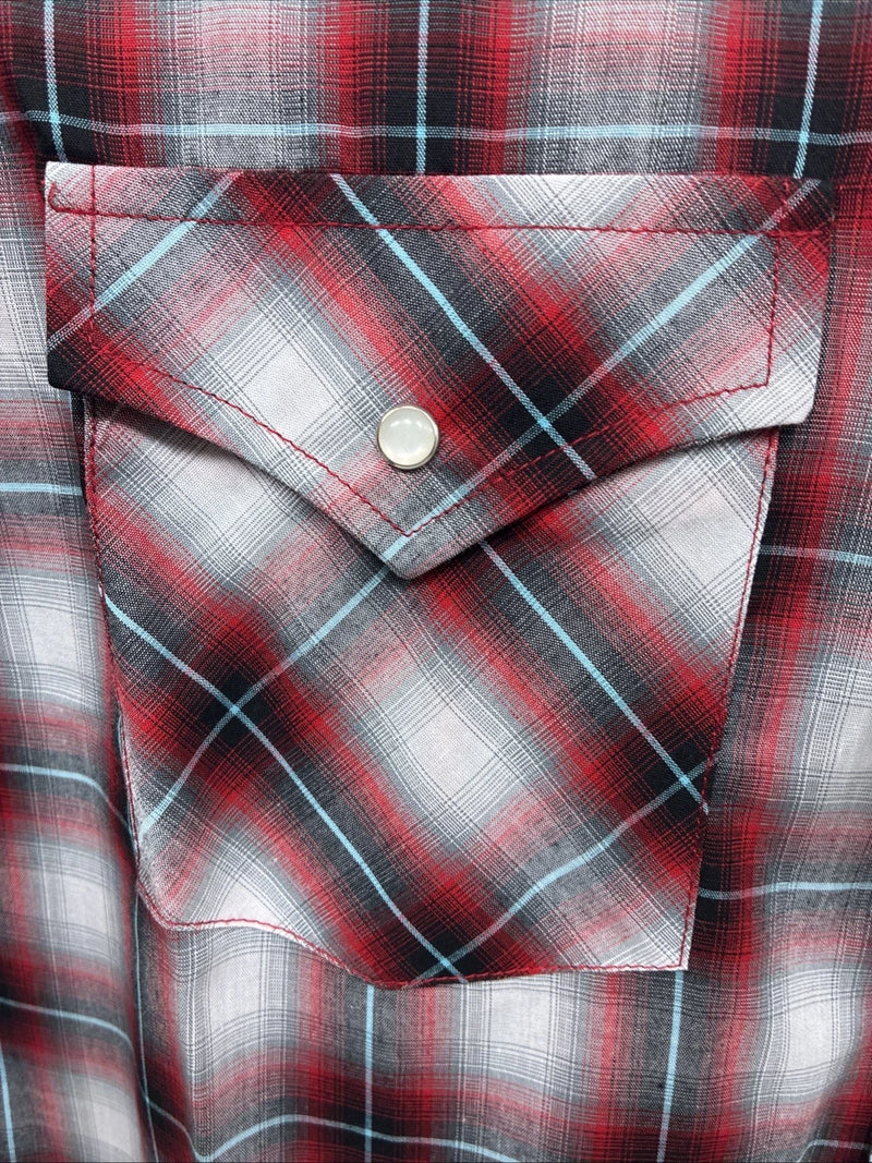 New Men’s ELY Cattleman Red Gray Plaid Short Sleeve Pearl Snap Large X-21