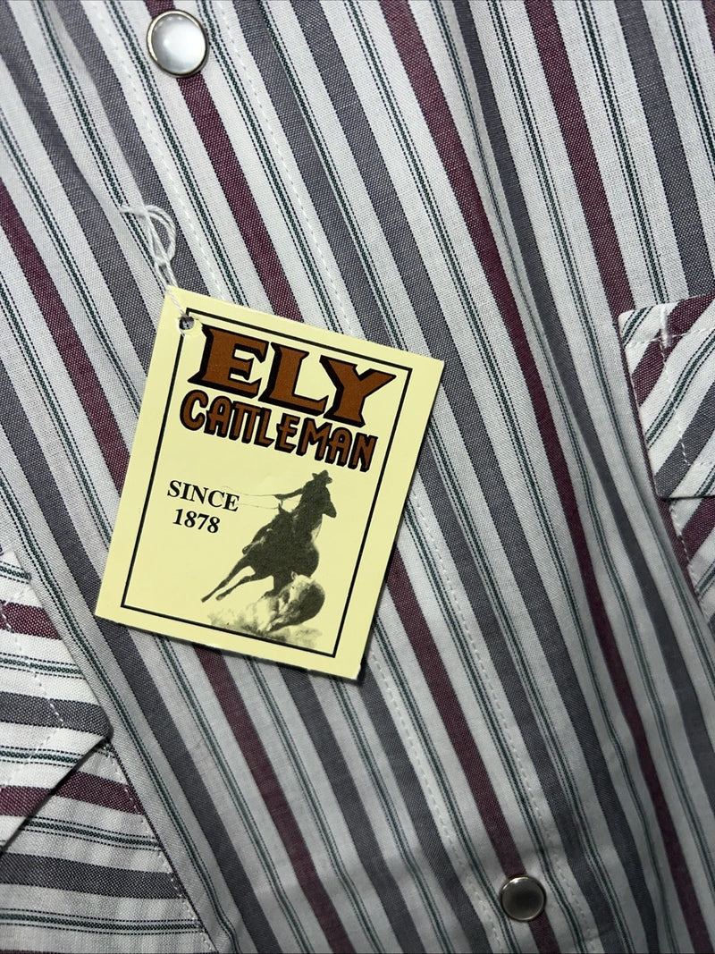 New Men’s Red Stripped ELY Cattleman Short Sleeve Pearl Snap Shirt 16.5 LT S-20