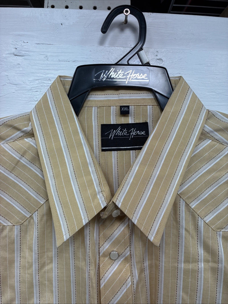 New Men’s White Horse Yellow Stripe Long Sleeve Pearl Snap 2XL H-27