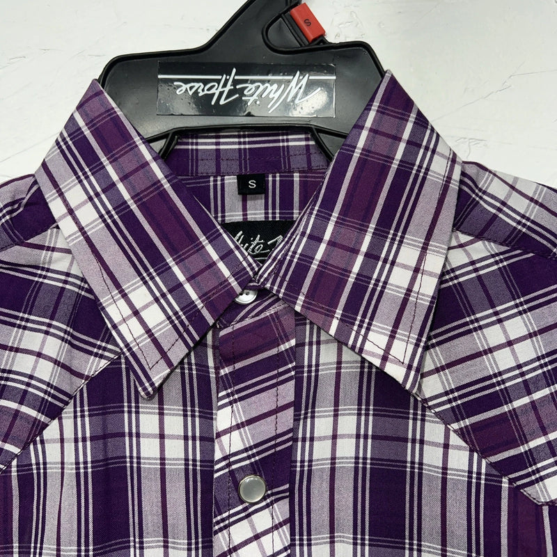 New Men’s White Horse Purple Short Sleeve Pearl Snap Small B-46