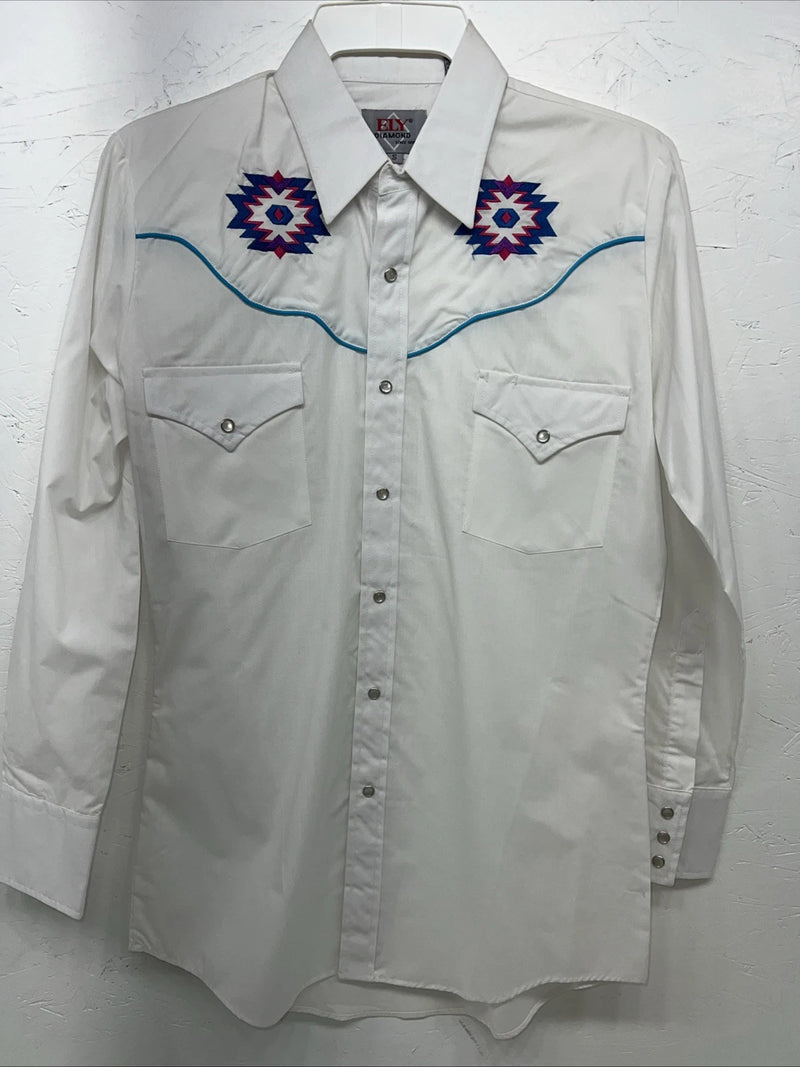 New Men’s ELY Diamond White Long Sleeve Pearl Snap Small A-203