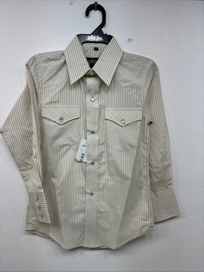 New Boys White Horse Yellow Stripe Long Sleeve Pearl Snap Medium DD-116