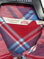 New Women’s Cumberland Red Blue Plaid Short Sleeve Button Up XL GG-21