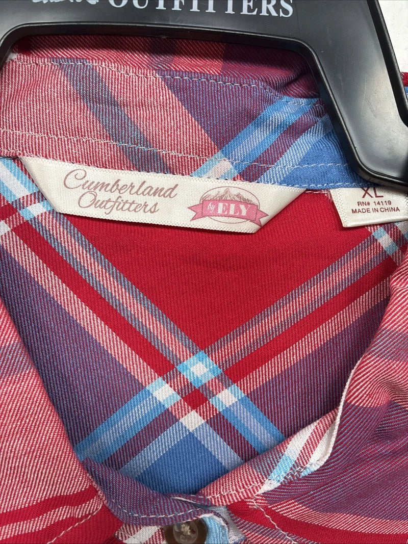 New Women’s Cumberland Red Blue Plaid Short Sleeve Button Up XL GG-21