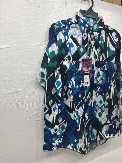 New Men’s Wrangler Black Blue Designed Long Sleeve Button Up 15.5 Medium V-87
