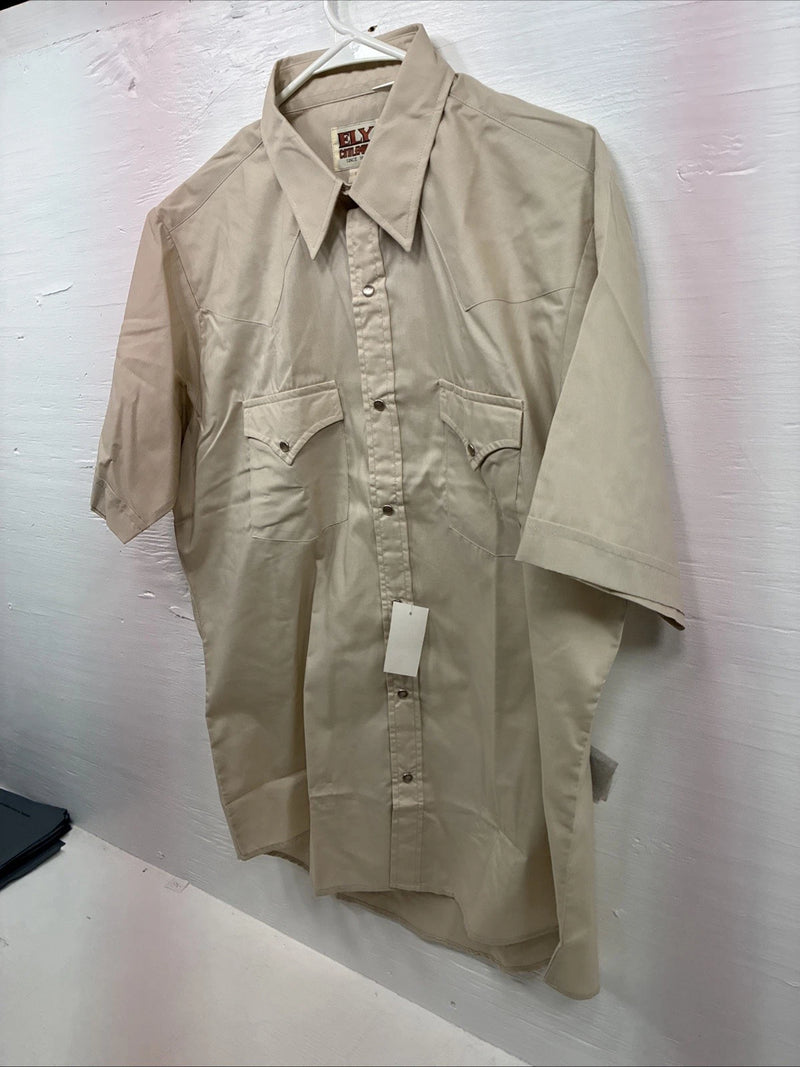 New Men’s ELY Cattleman Tan Short Sleeve Pearl Snap Shirt  16 Large X-103