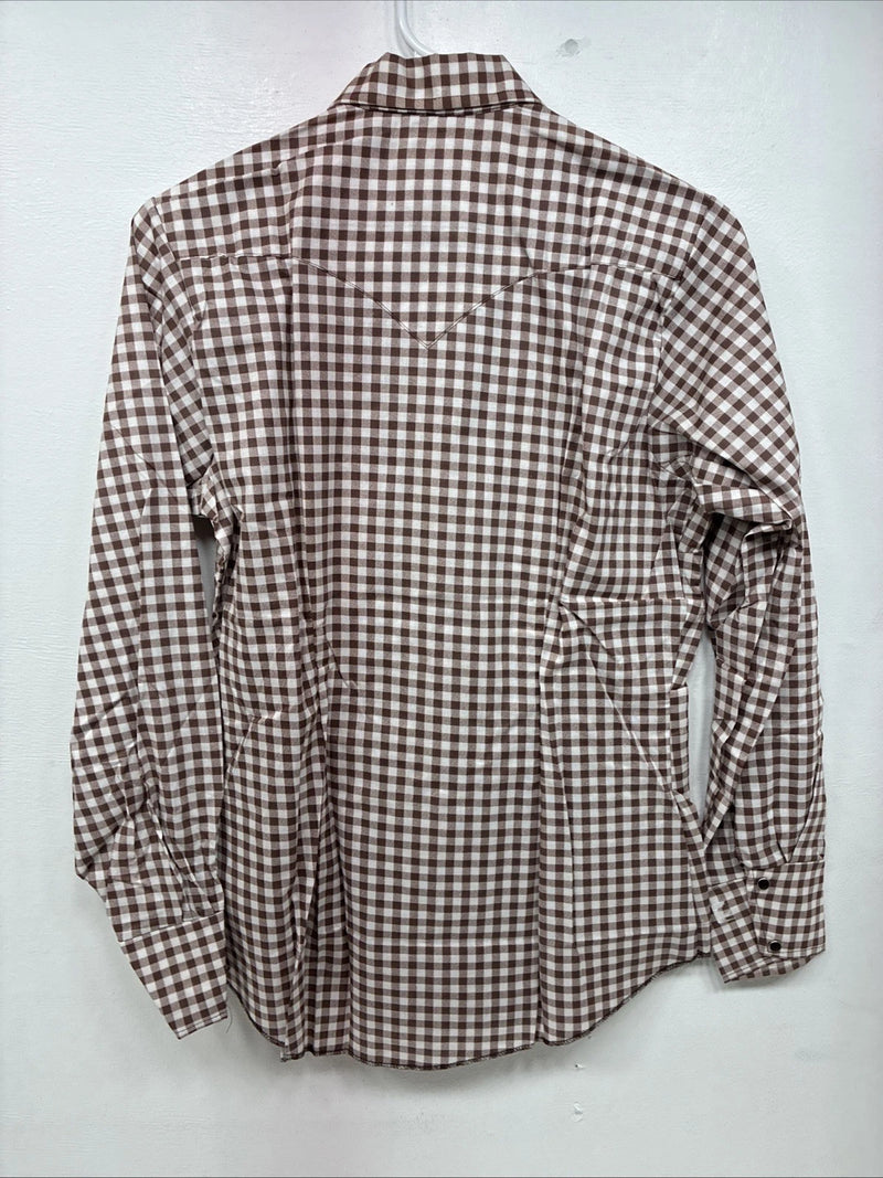 New Women’s Karman Brown Checker Long Sleeve Pearl Snap Size 36 MM-36