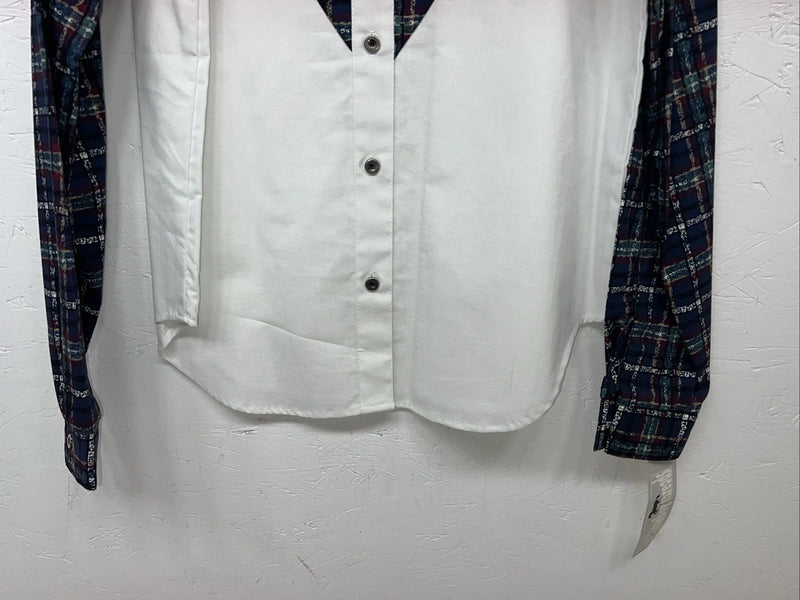 New Women’s Cowboy Threads White Navy Plaid Long Sleeve Button Up M #7906 3C-41