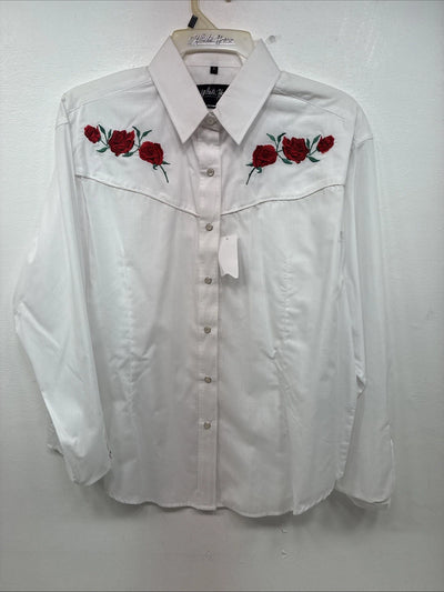 New Womens White Horse White Rose Long Sleeve Pearl Snap Large II-91