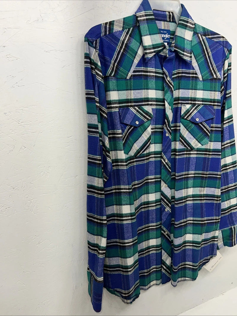 New Men’s Blue Green Plaid Wrangler Pearl Snap Long Sleeve Shirt L Tall P-70
