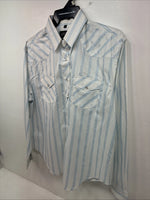New Women’s White Horse White Blue Stripe Long Sleeve Pearl Snap Large GG-72