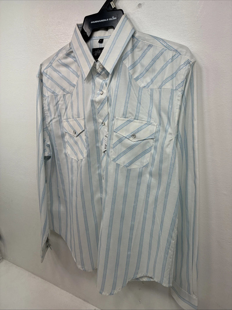 New Women’s White Horse White Blue Stripe Long Sleeve Pearl Snap Large GG-72