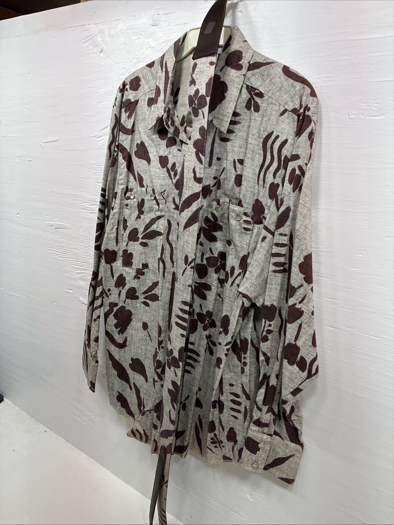 New Men’s H Bar C Brown Design  Long Sleeve Pearl Snap Medium With Belt K-20