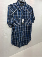 New Men’s ELY 1878 Blue Black Plaid Short Sleeve Pearl Snap Medium J-91