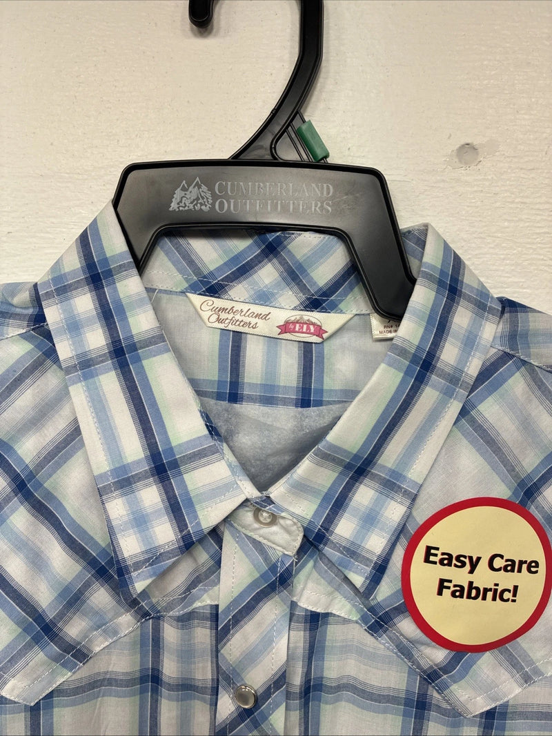 New Women’s Cumberland Blue Plaid Long Sleeve Pearl Snap XL GG-65
