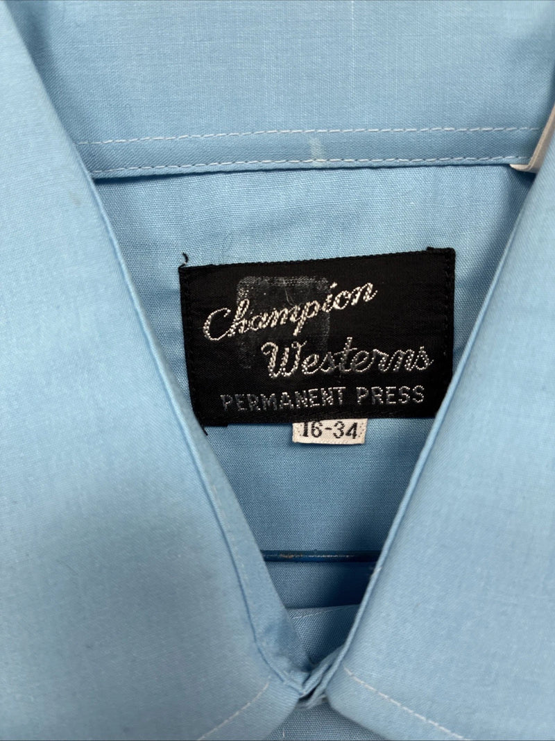 New Men’s Champion Western Blue Embroidered Long Sleeve Pearl Snap 16 Large Q-90