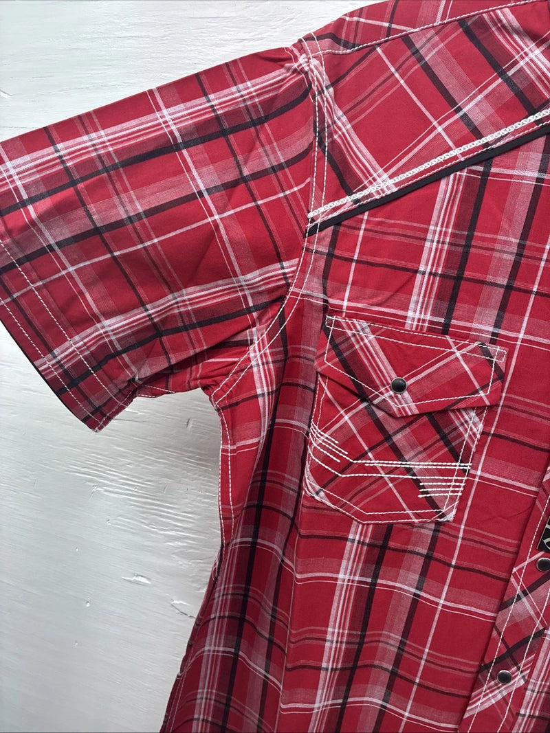 New Men’s ELY 1878 Red Black Plaid Short Sleeve Pearl Snap Large V-112
