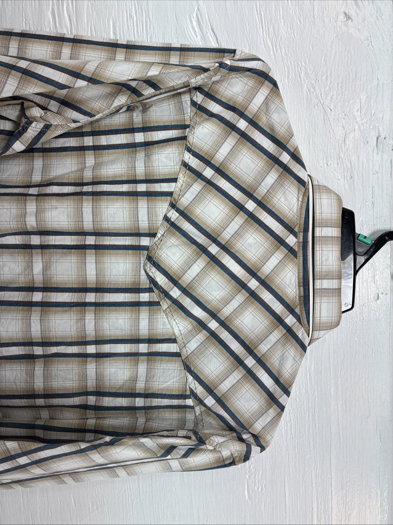 New Men’s ELY 1878 Brown Blue Plaid Long Sleeve Pearl Snap XL V-28