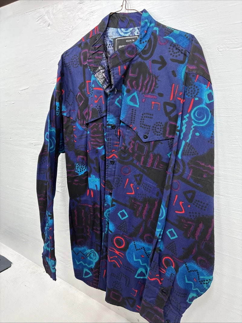 New Men’s GunSmoke Black Purple Designed Long Sleeve Button Up Shirt Medium K-31