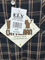 New Men’s ELY Cattleman Black Brown Plaid Short Sleeve Pearl Snap XL T-29