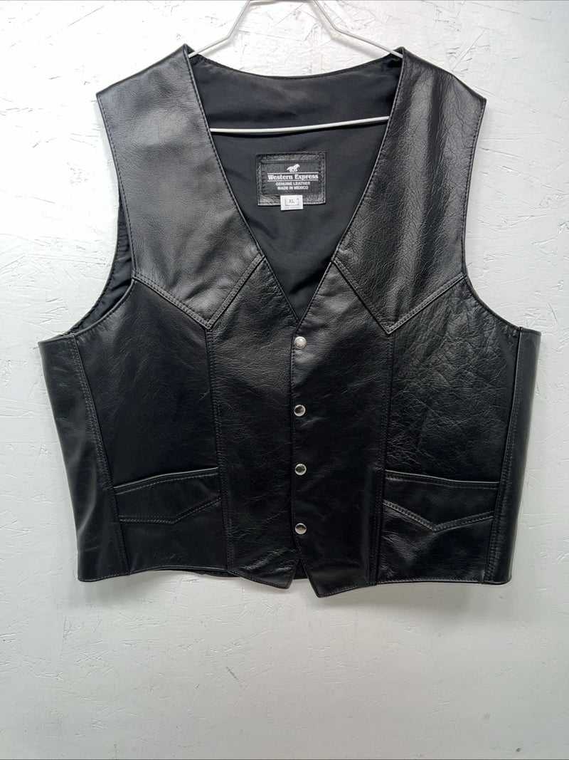 New Men’s Black Western Express Leather Biker Vest XL Q-603