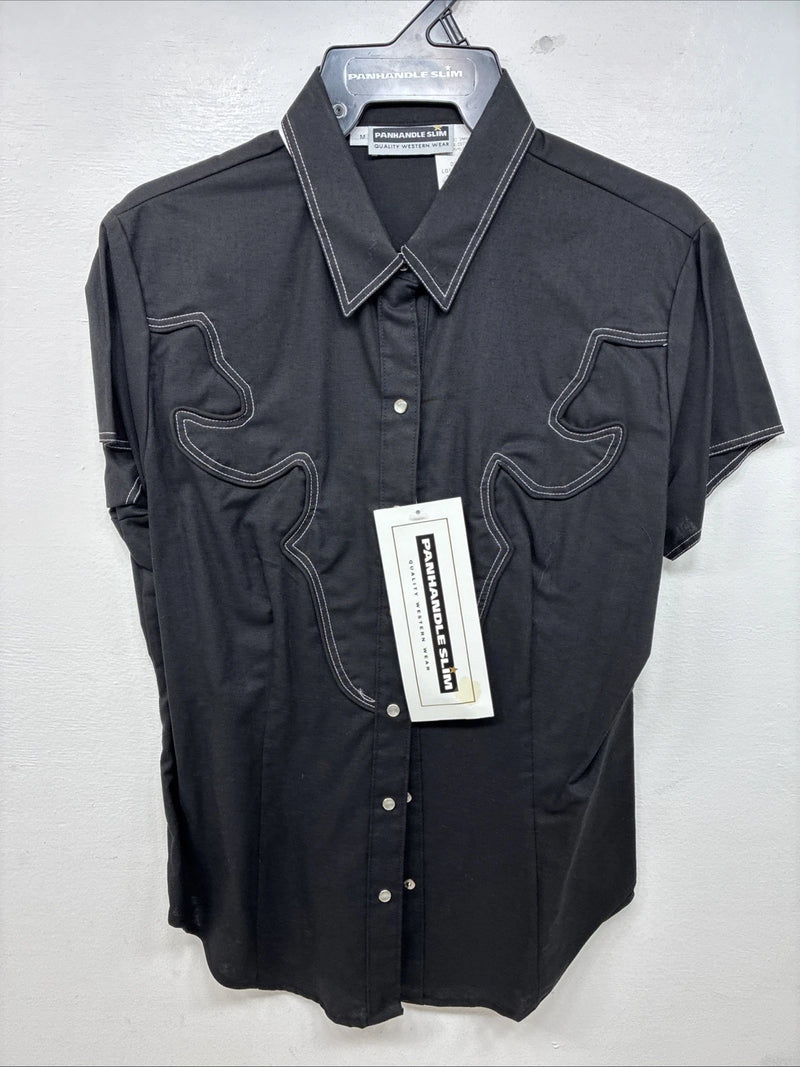 New Women’s Panhandle Slim Black Short Sleeve Pearl Snap Medium TT-23