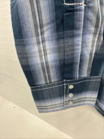 New Men’s ELY 1878 Blue Gray Plaid Long Sleeve Pearl Snap Large V-30 