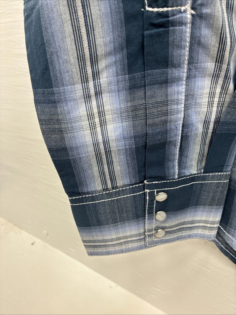 New Men’s ELY 1878 Blue Gray Plaid Long Sleeve Pearl Snap Large V-30 