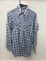 New Men’s Stockman Blue Plaid Long Sleeve Pearl Snap 14.5 Small AA-67