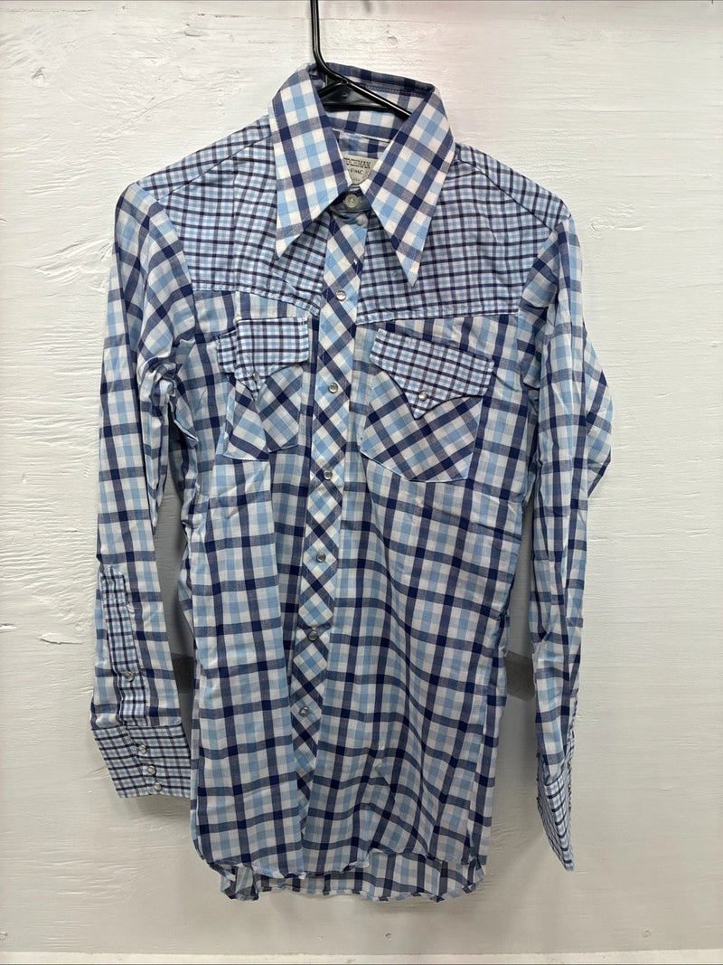 New Men’s Stockman Blue Plaid Long Sleeve Pearl Snap 14.5 Small AA-67