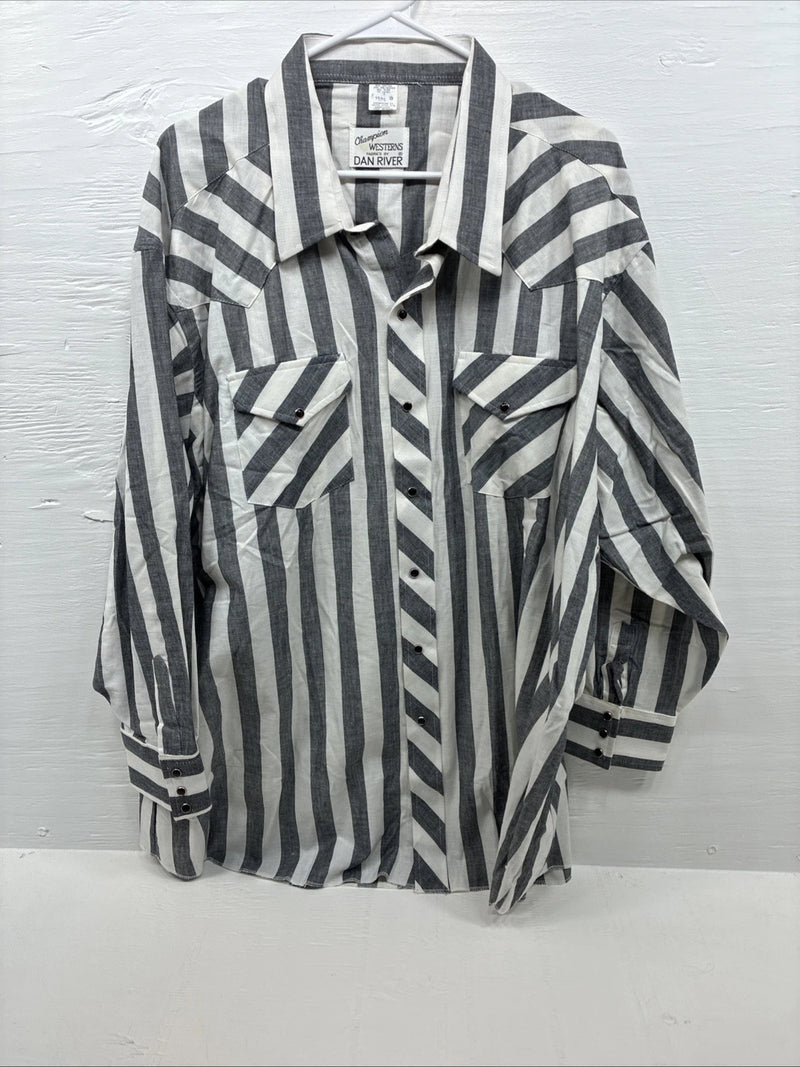 New Men’s Champion Western Grey White Strip Long Sleeve Pearl Snap 3XL E-53