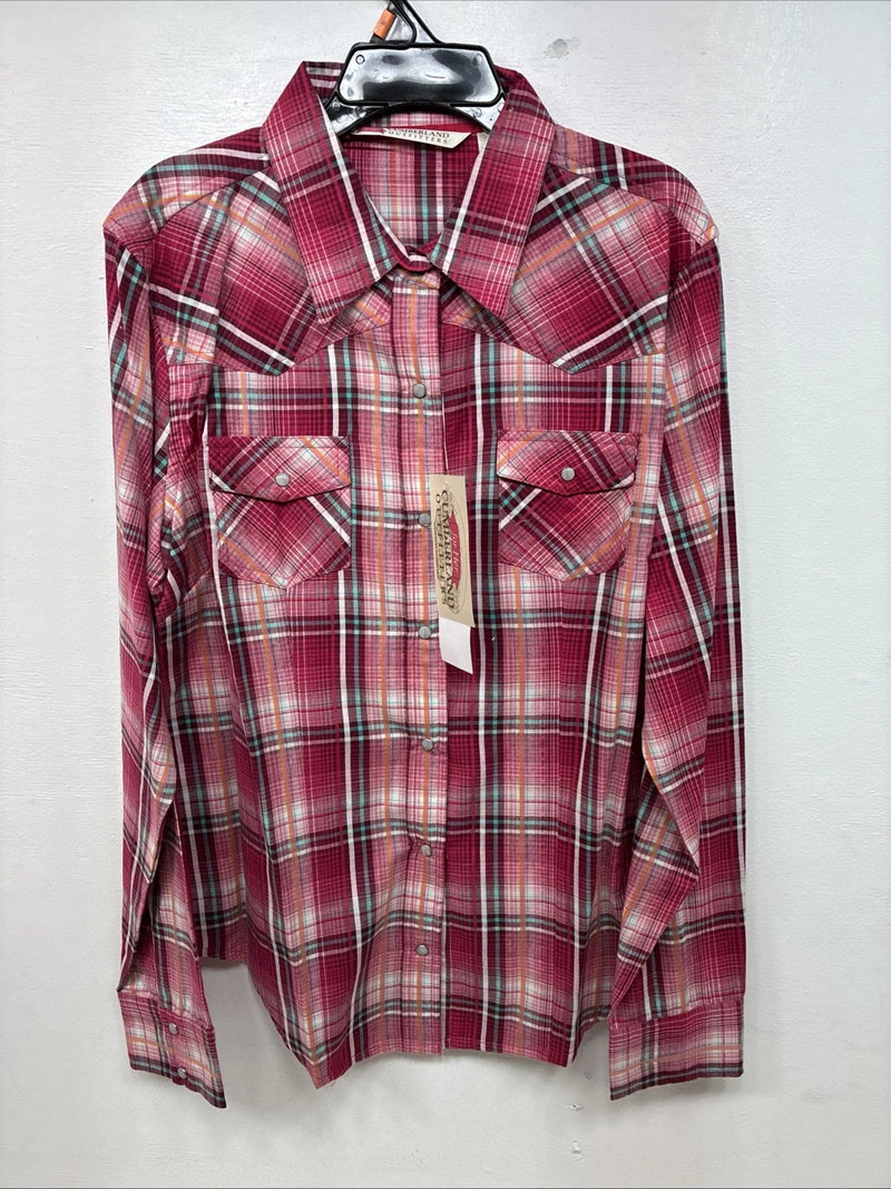 New Women’s Cumberland Pink Plaid Long Sleeve Pearl Snap Medium YY-120