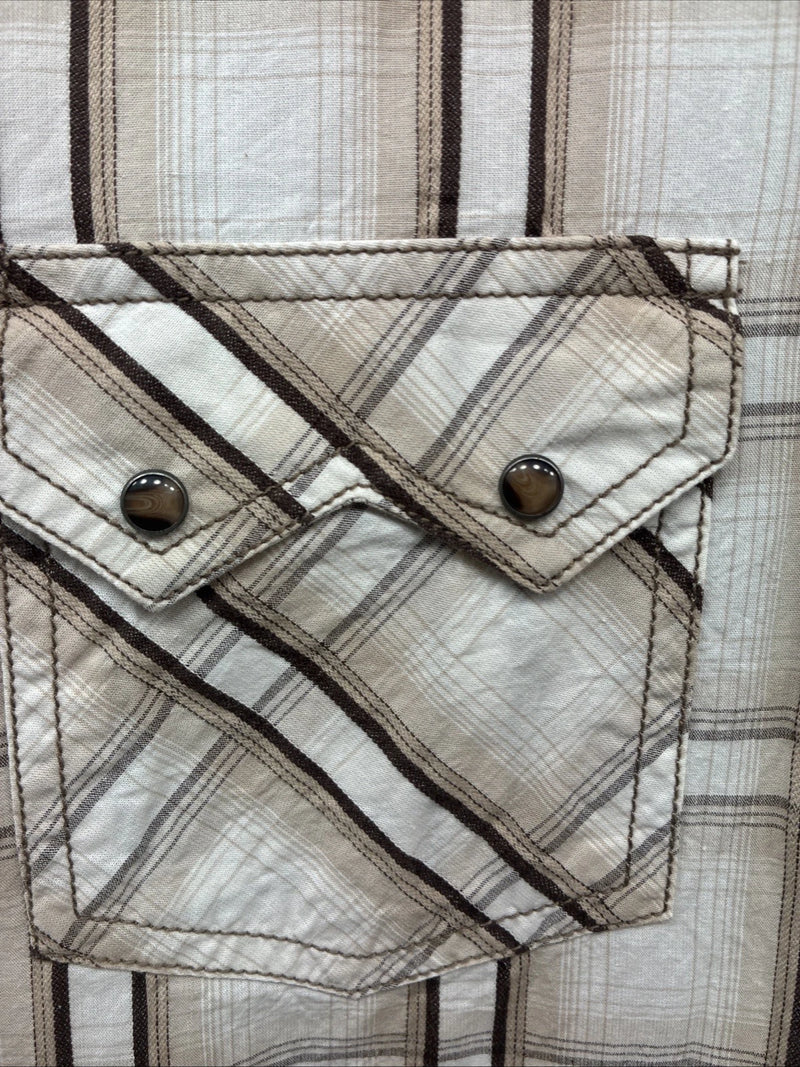 New Men’s ELY 1878 Brown White Plaid Long Sleeve Pearl Snap 2XL R-27