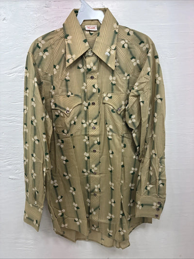 New Men’s ELY Plains Green Floral Long Sleeve Pearl Snap 15.5 X 34 Medium X-14