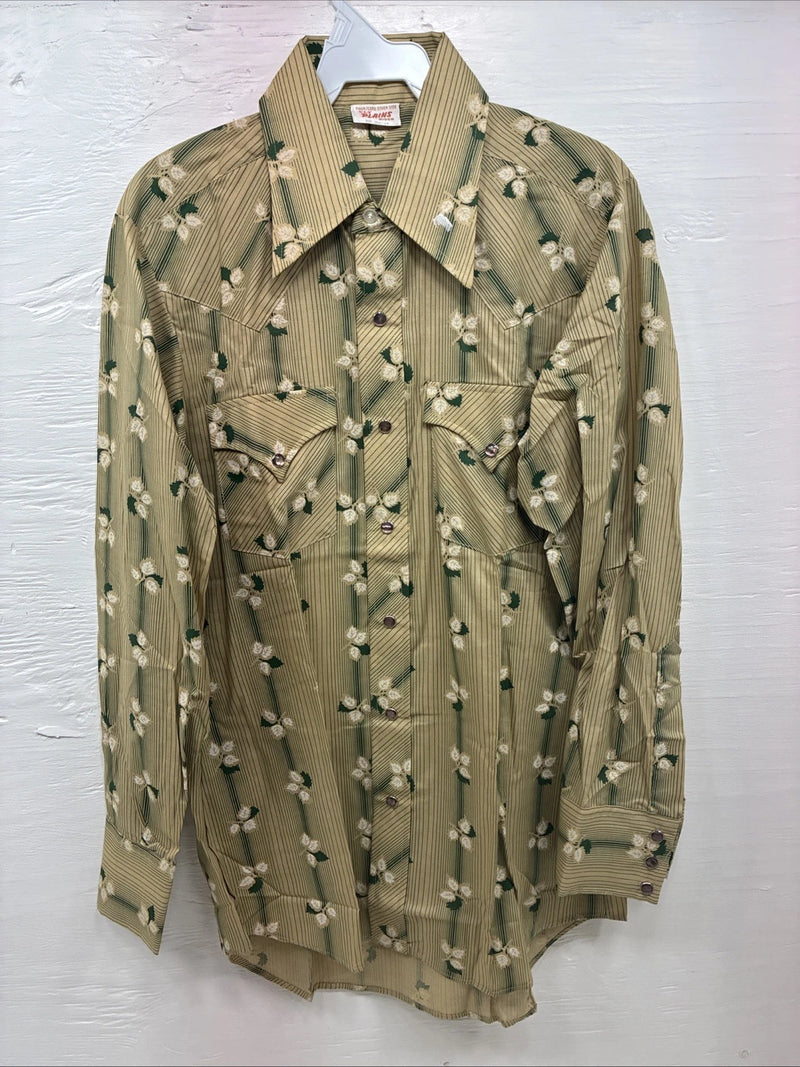 New Men’s ELY Plains Green Floral Long Sleeve Pearl Snap 15.5 X 34 Medium X-14