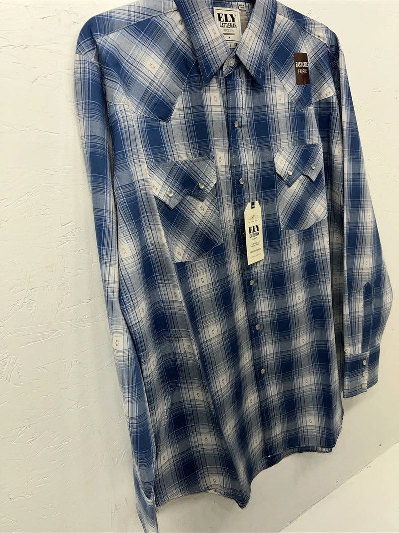 New Men’s Blue Paid ELY Cattleman Long Sleeve Pearl Snap Shirt. Large P-54