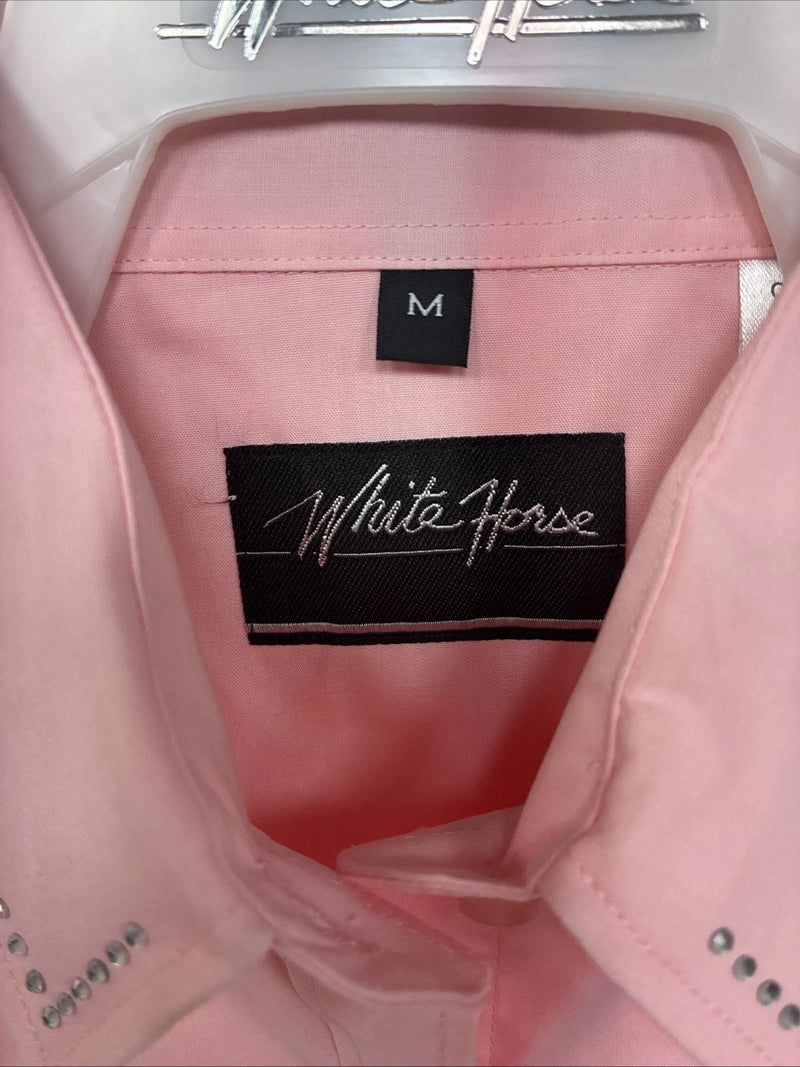 New Women’s White Horse Pink Gem Long Sleeve Pearl Snap Medium KK-95