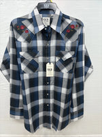 New Emma ELY Cattleman Blue Gray Plaid Long Sleeve Pearl Snap Large AA-16
