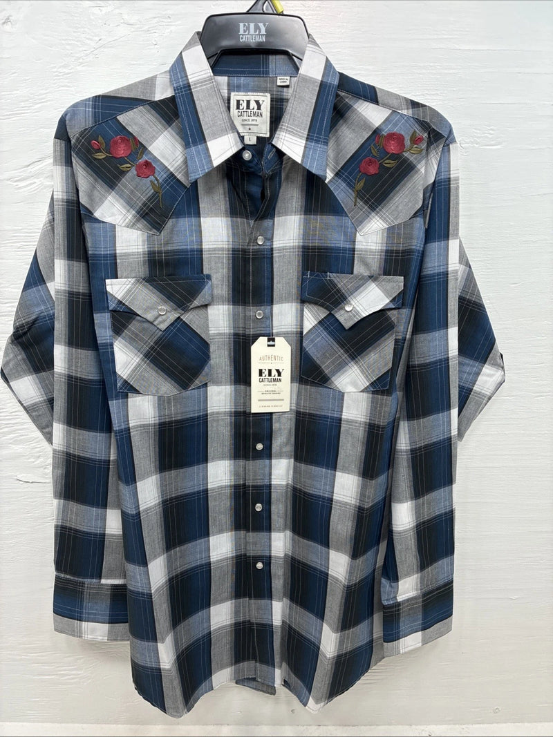 New Emma ELY Cattleman Blue Gray Plaid Long Sleeve Pearl Snap Large AA-16
