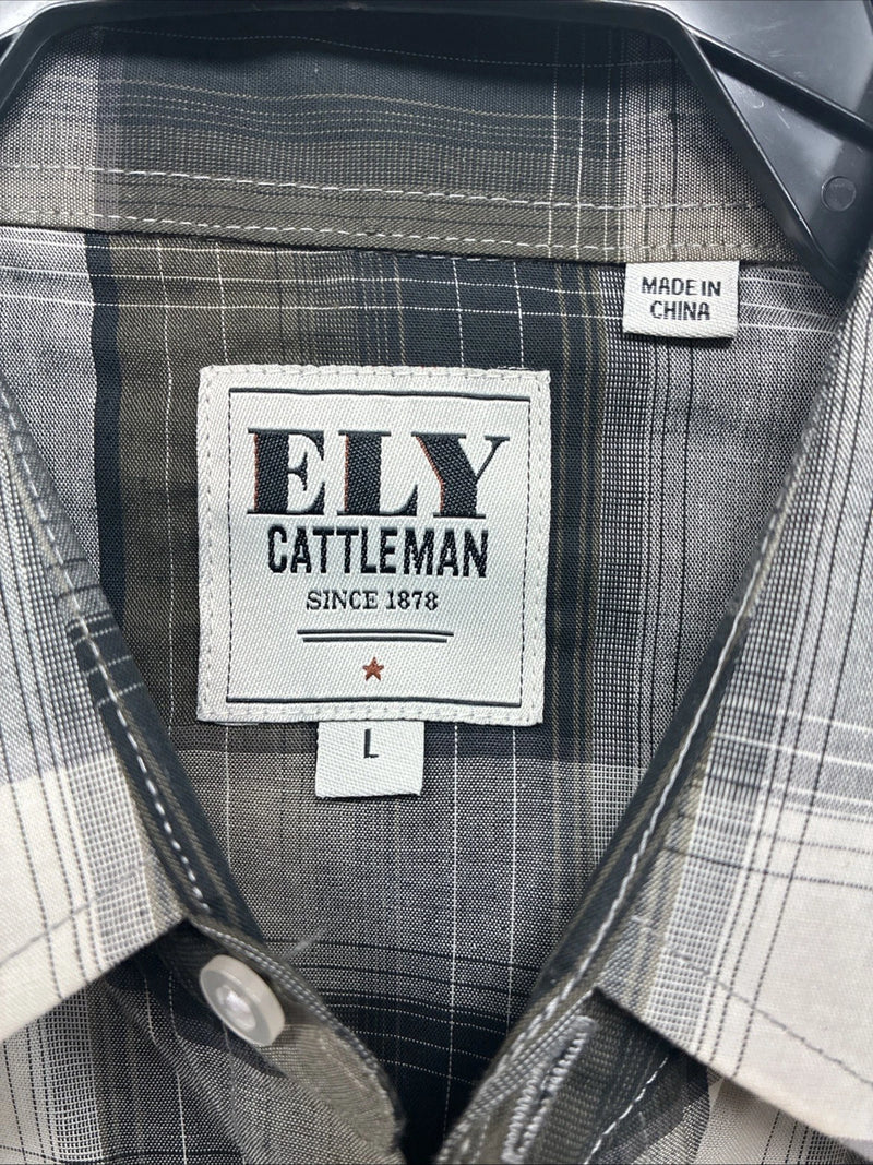 New Men’s ELY Cattleman Green Gray Plaid Long Sleeve Pearl Snap Large X-27