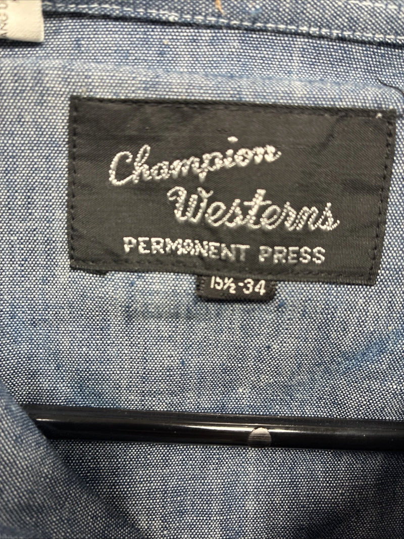 New Men’s Champion Western Blue Design Long Sleeve Pearl Snap 15.5 Medium R-11