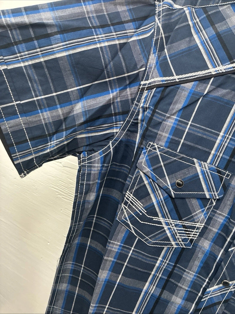 New Men’s ELY 1878 Blue Plaid Short Sleeve Pearl Snap XL R-48