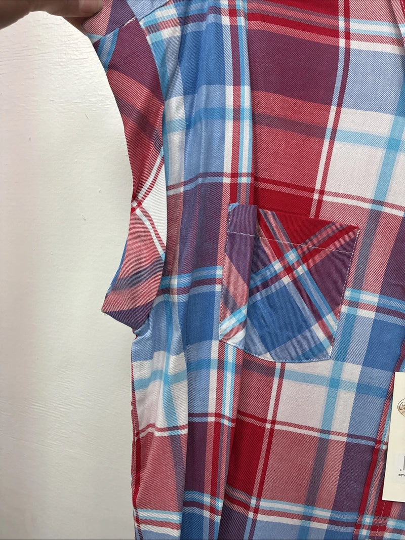 New Women’s Cumberland Red Blue Plaid Short Sleeve Button Up Small DD-106
