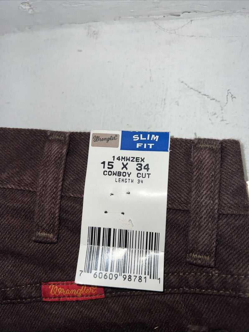 New Men’s Brown Cowboy Cut Wrangler Slim Fit Denim Jeans. 15x34 F-33