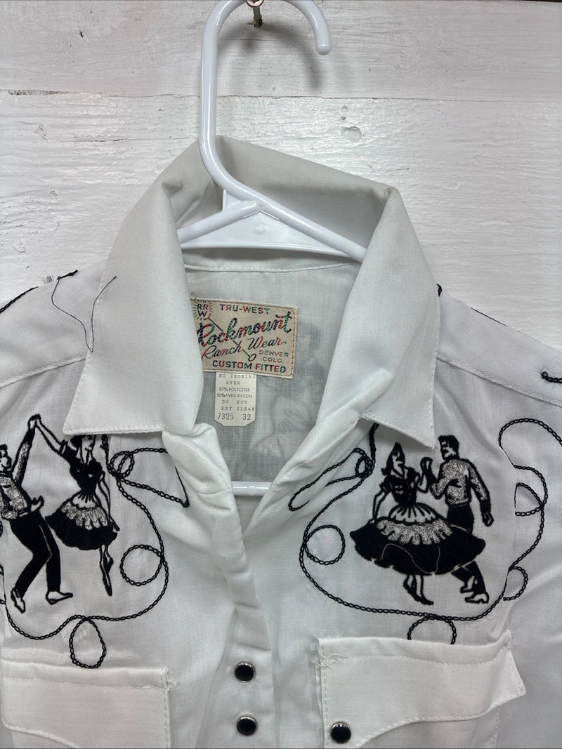 New Kids Rockmount White Black Design Short Sleeve Pearl Snap Size 32 CC-103