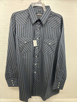 New Men’s White Horse Black Gray Stripe Long Sleeve Pearl Snap XL O-54