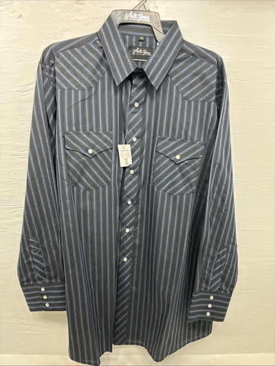 New Men’s White Horse Black Gray Stripe Long Sleeve Pearl Snap XL O-54