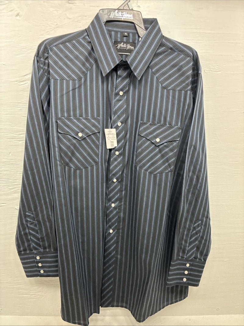 New Men’s White Horse Black Gray Stripe Long Sleeve Pearl Snap XL O-54