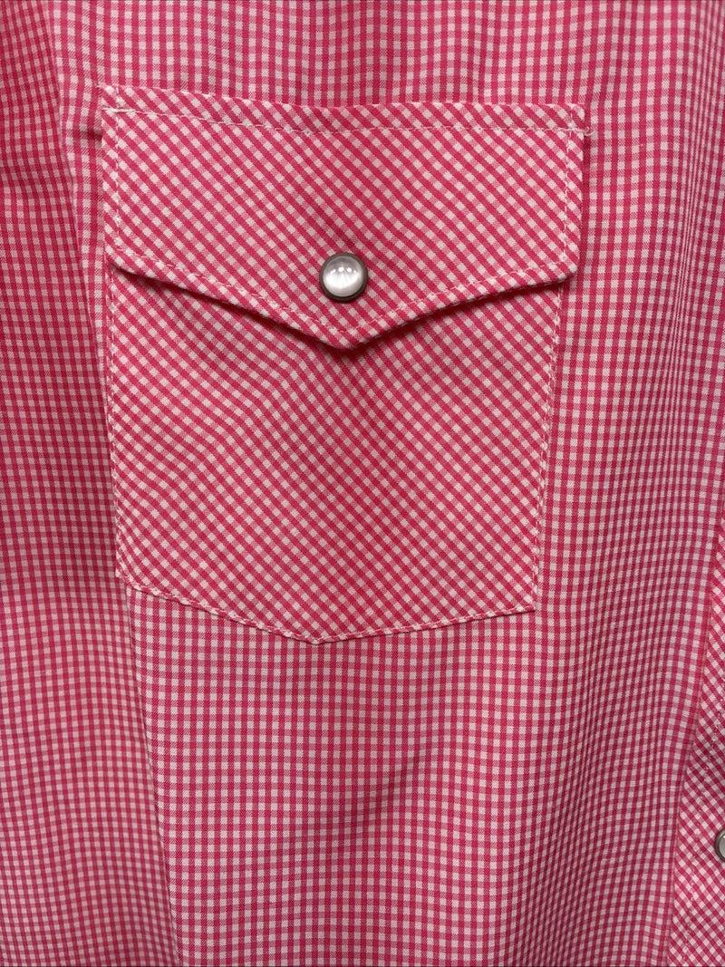 New Women’s White Horse Pink Checker Short Sleeve Pearl Snap Large KK-122